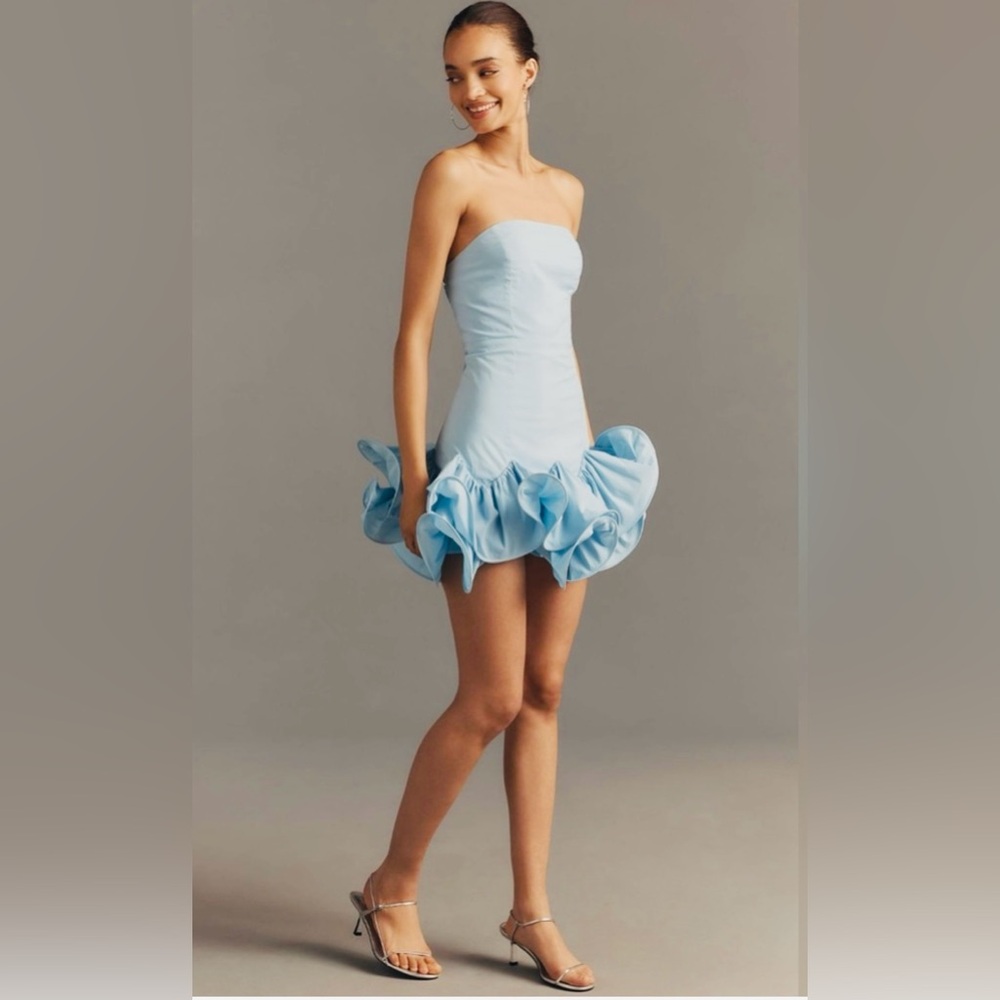 ANTHROPOLOGIE MAEVE STRAPLESS RUFFLE MINI DRESS COLOR SKYRIDE SIZE L NWT - Picture 3 of 11